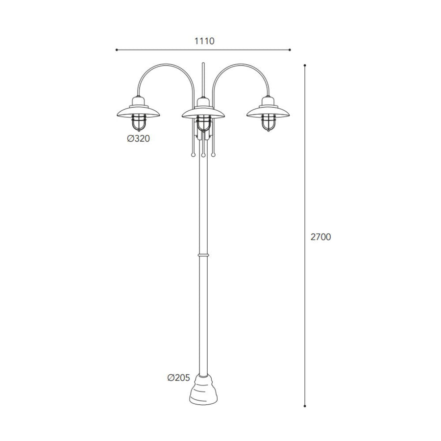 Patio Cage egylámpás réz kandeláber méretrajza 270 cm magassággal, 111 cm szélességgel és 30 cm átmérőjű védőrácsos lámpaernyővel.