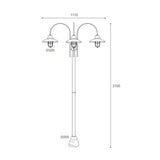 Patio Cage egylámpás réz kandeláber méretrajza 270 cm magassággal, 111 cm szélességgel és 30 cm átmérőjű védőrácsos lámpaernyővel.