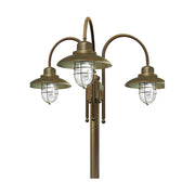 Loft stílusú, rézből készült, 270 cm magas kandeláber három darab fémrácsos üvegbúrával