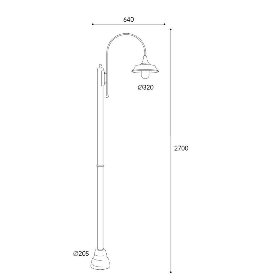 Atelier egy lámpás réz kandeláber méretrajza 270 cm magassággal, 64 cm szélességgel és 32 cm-es ernyővel