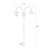 Atelier két lámpás réz kandeláber méretrajza 270 cm magassággal, 123 cm szélességgel és 32 cm-es ernyőkkel