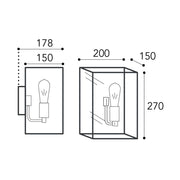 Cubic réz falilámpa méretrajza 20 × 15 × 27 cm-es lámpatesttel és 17,8 cm-es faltól mért kinyúlással