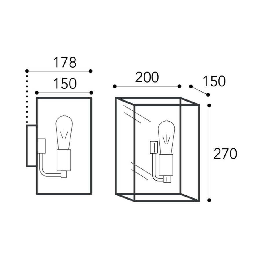 Cubic réz falilámpa méretrajza 20 × 15 × 27 cm-es lámpatesttel és 17,8 cm-es faltól mért kinyúlással
