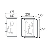 Cubic réz falilámpa méretrajza 20 × 15 × 27 cm-es lámpatesttel és 17,8 cm-es faltól mért kinyúlással