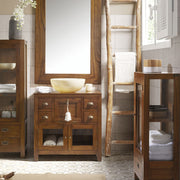 Kis méretű, loft stílusú, mindifából készült, vitrines kisszekrény