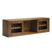 Loft stílusú, mindifából és üvegből készült, kézműves falipolc tolóajtóval