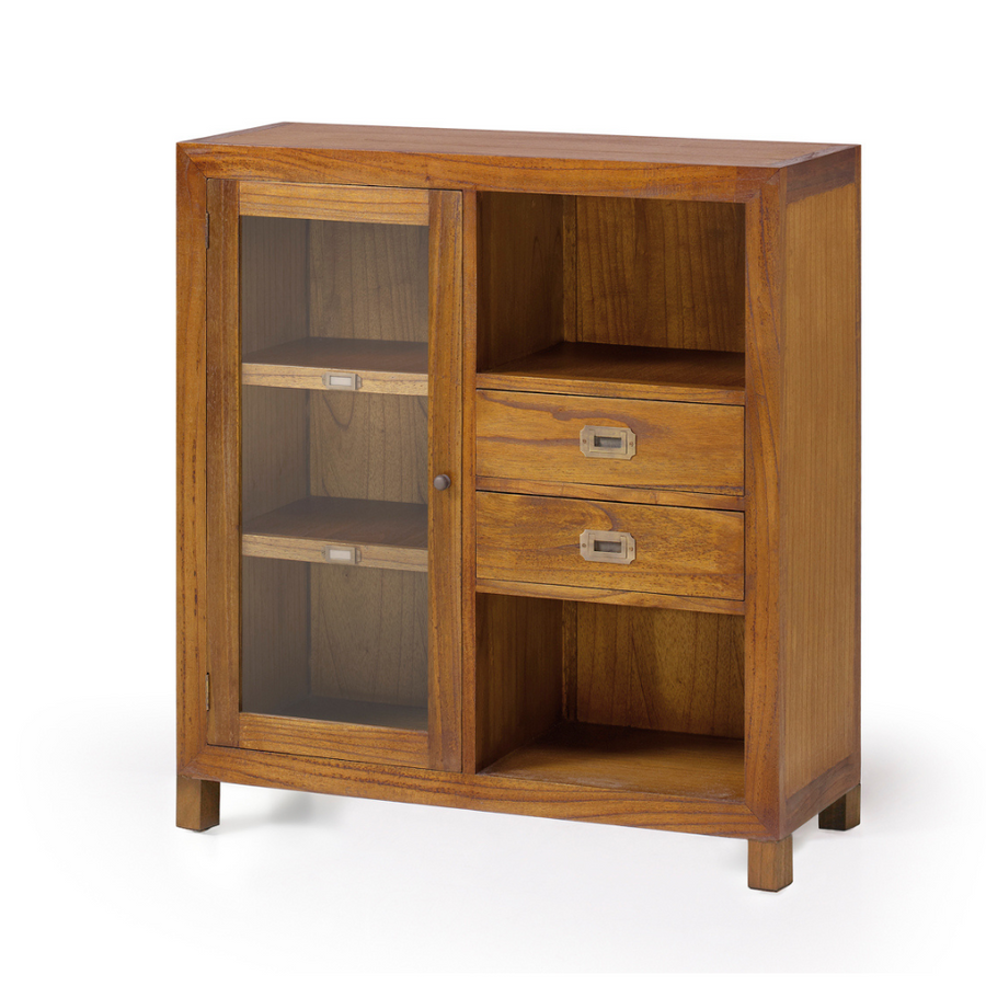 Loft stílusú, mindifából készült vitrines tároló két nyitott polccal, két fiókkal és üveges tárolóval.