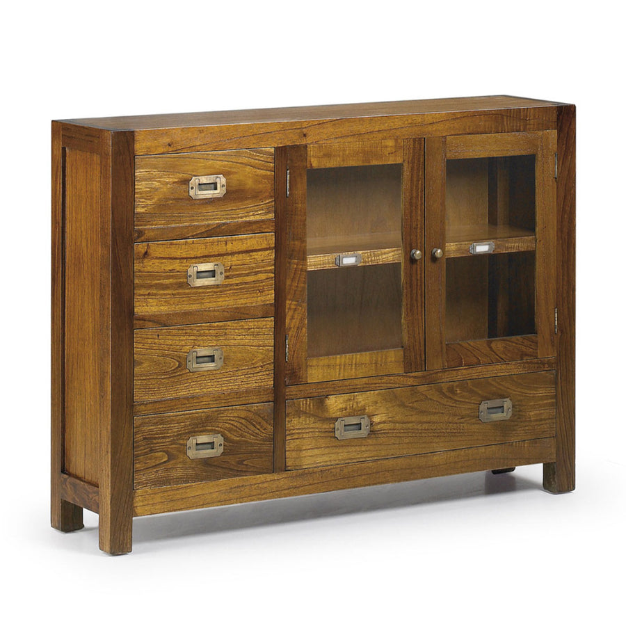 Loft stílusú, mindifából készült, nagyméretű konzolszekrény fiókokkal és vitrines résszel.