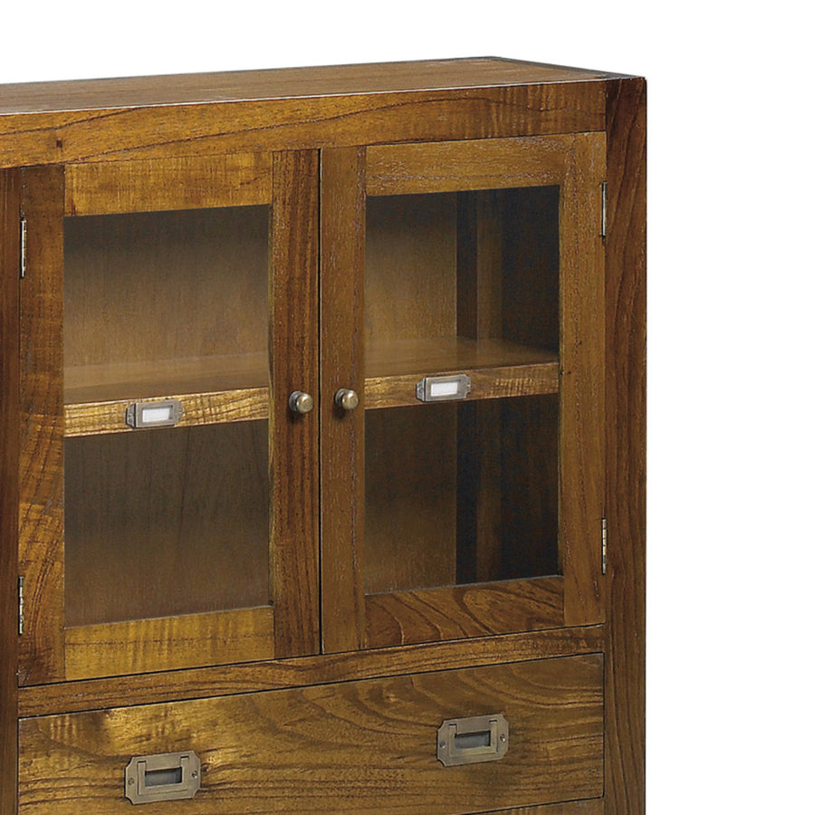 Loft stílusú, mindifából készült, nagyméretű konzolszekrény fiókokkal és vitrines résszel.