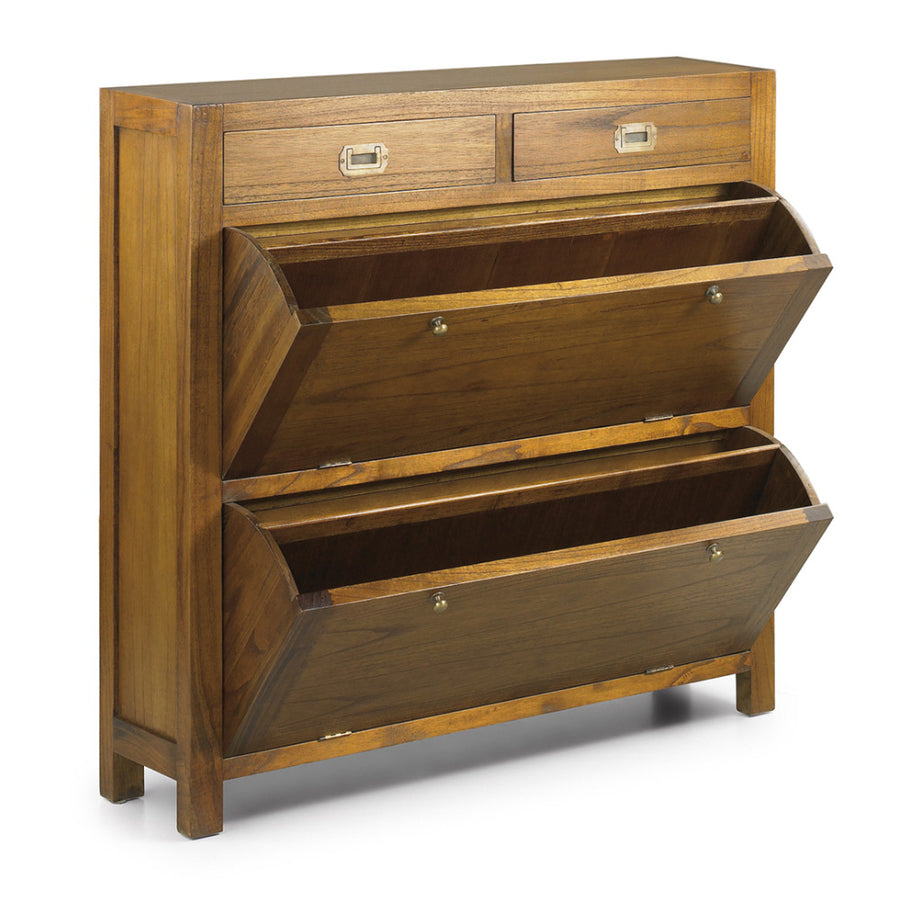 Loft stílusú, mindifából készült cipősszekrény felső fiókokkal és lenyitható tároló rekeszekkel.