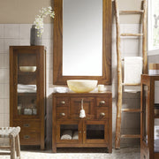 Loft stílusú, mindifából készült, üvegajtós vitrines szekrény