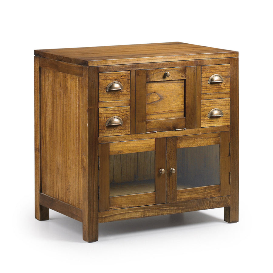 Loft stílusú, tömör mindifából készült mosdószekrény fókokkal és üveges tárolóval