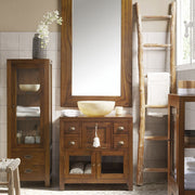 Loft stílusú, tömör mindifából készült mosdószekrény fókokkal és üveges tárolóval