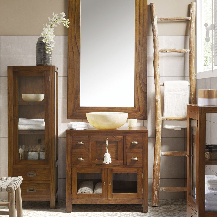 Loft stílusú, tömör mindifából készült mosdószekrény fókokkal és üveges tárolóval