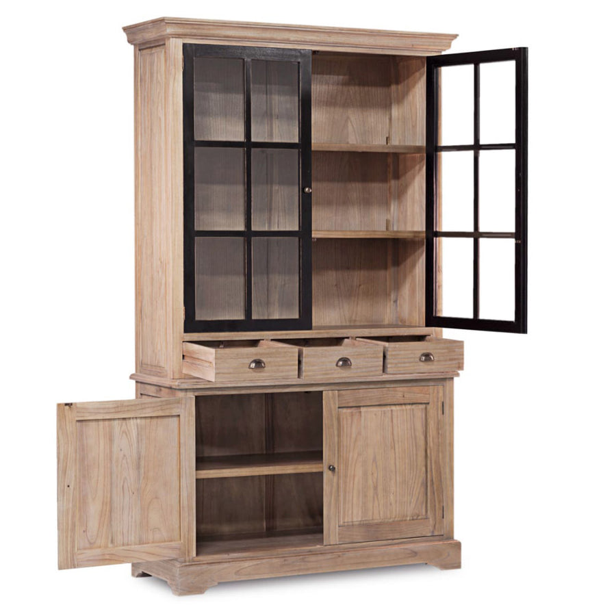 Siena vitrines szekrény – nyitott ajtók és fiókok, felső vitrinszekció és alsó tároló belső tere