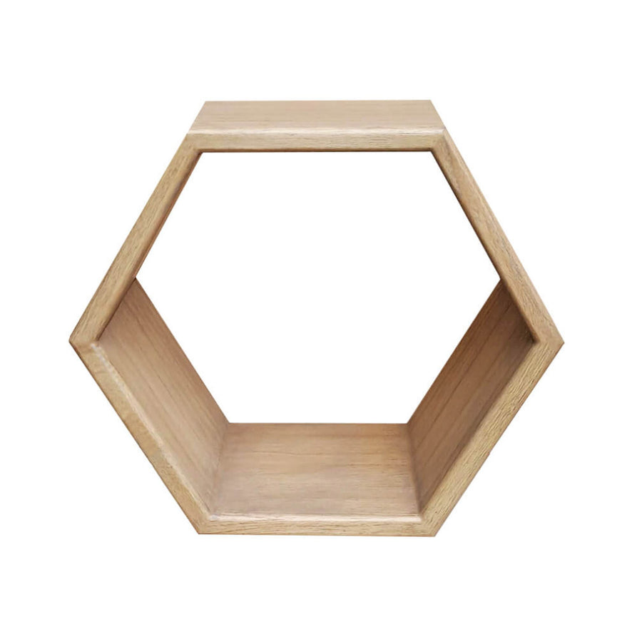 Mindifából készült hatszögletű falipolc – frontális nézet, natúr felület