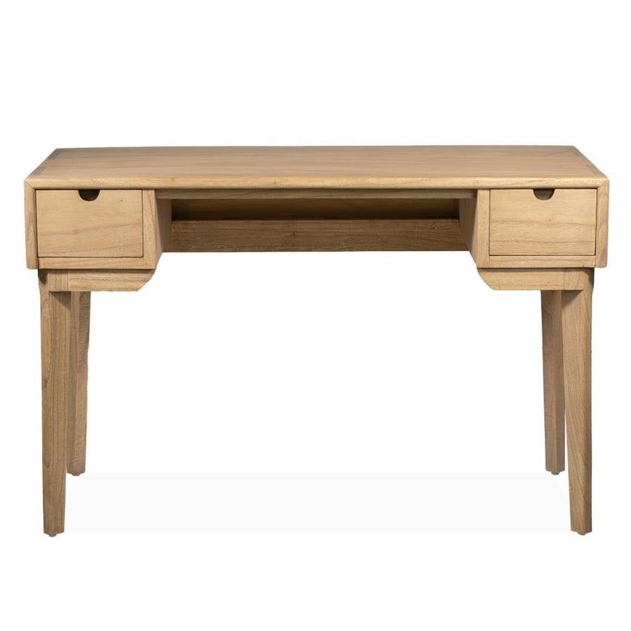 Két fiókos mindifa íróasztal – frontális nézet, natúr felület