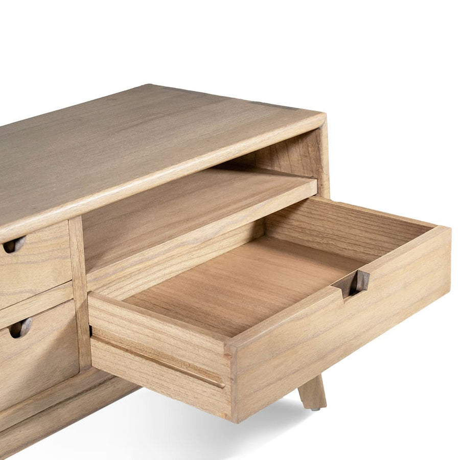 Natúr mindifa TV-állvány részletfotó – fiók és polcrész közelről