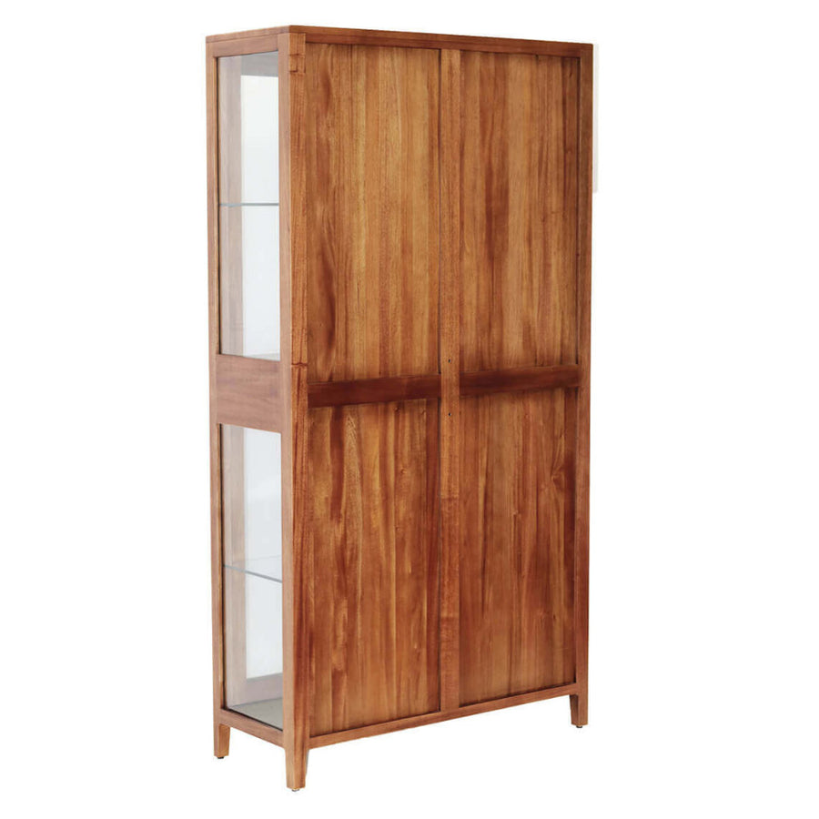 Oporto vitrines szekrény – hátoldal és jobb oldali nézet, mahagóni fa hátlap és oldalsó üvegbetétek