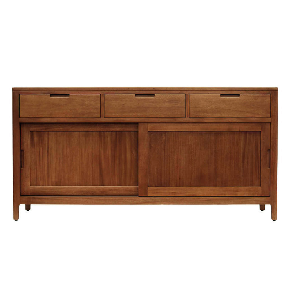 Mahagóni tálaló egyenes előlnézetben, három fiókkal és két tolóajtóval