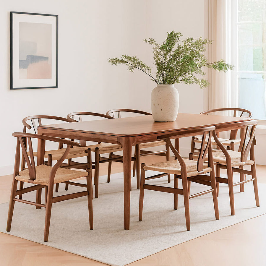 Oporto étkezőasztal enteriőrben – hat székkel, világos skandináv nappaliban