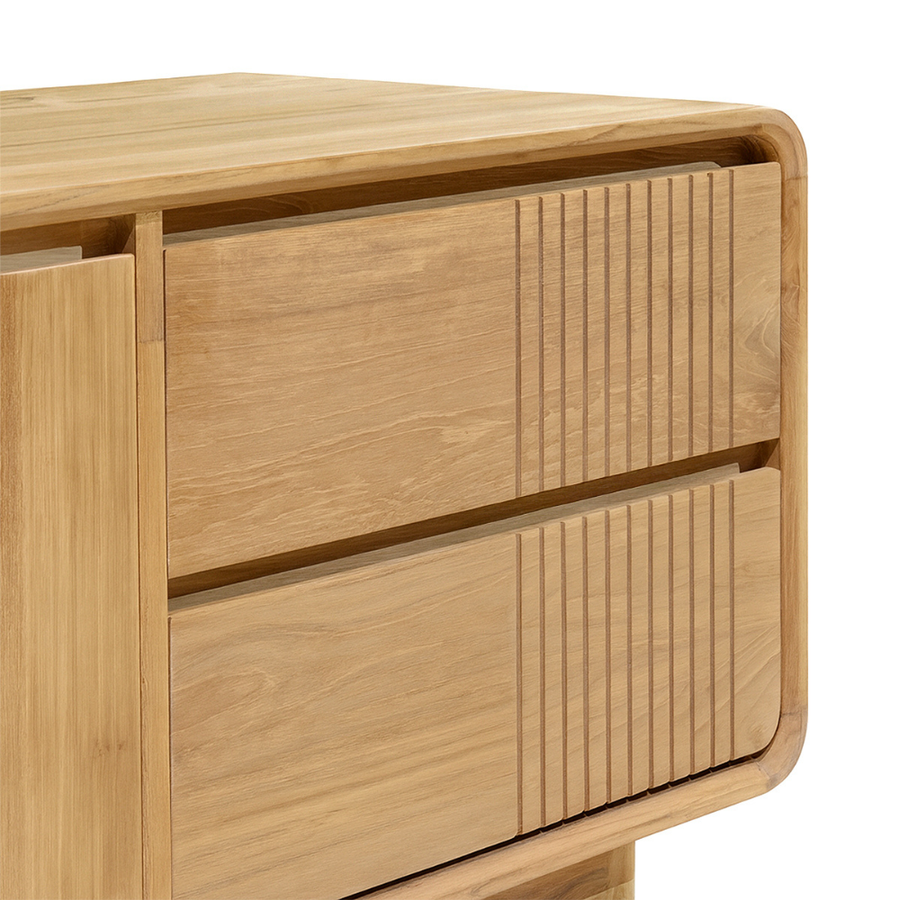 Modern, tömör teakfából készült, kétajtós és kétfiókos TV-szekrény