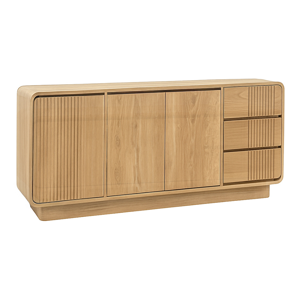 Modern, tömör teakfából készült, háromajtós és háromfiókos komódszekrény