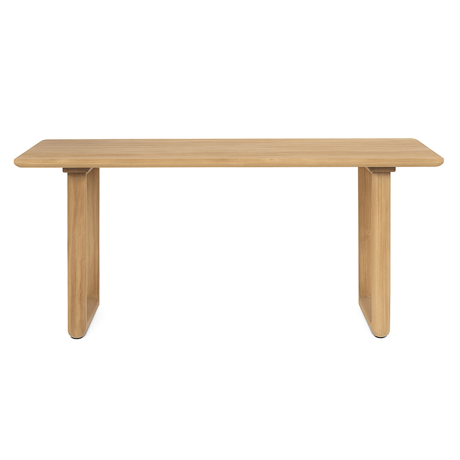 Modern, natúr színű, tömör teakfából készült étkezőasztal.