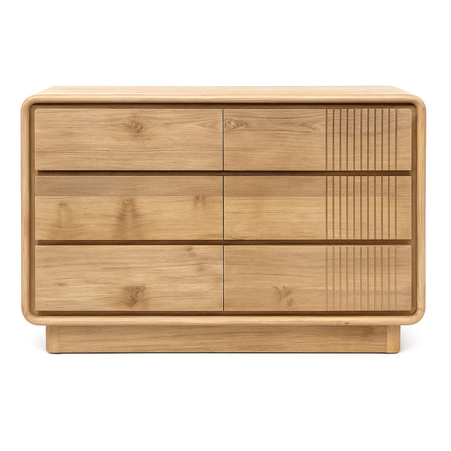 Modern, tömör teakfából készült, natúr színű hatfiókos komód