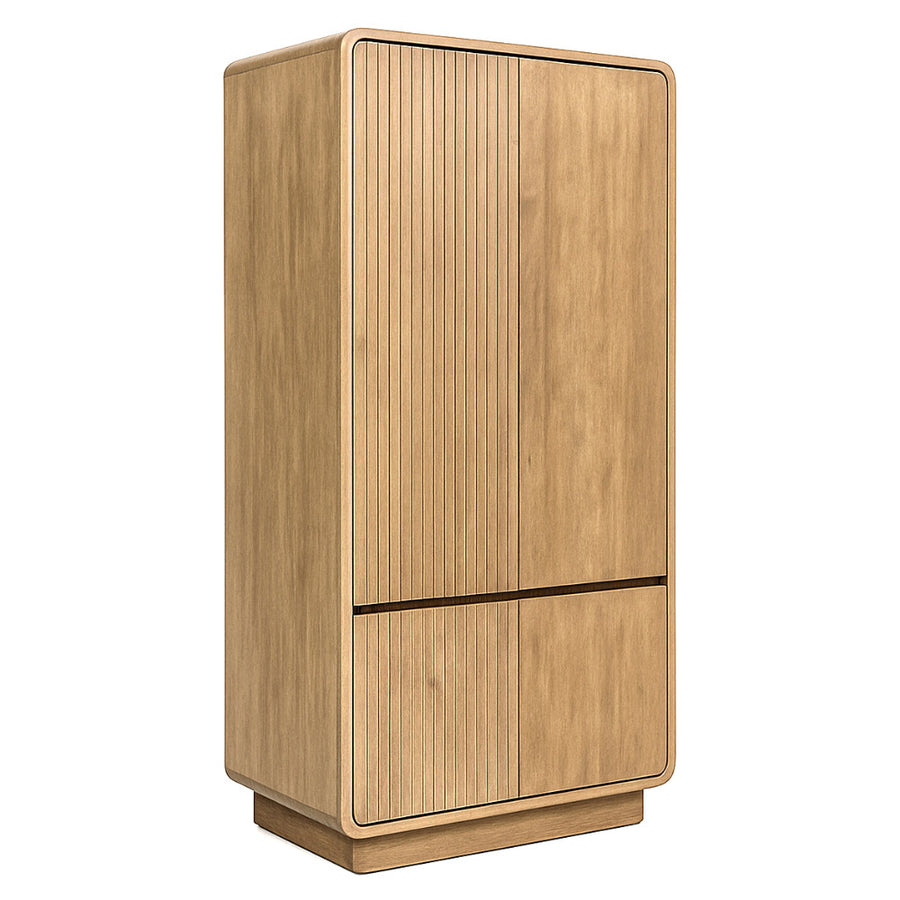 Modern, tömör teakfából készült, natúr színű kétszárnyú ruhásszekrény