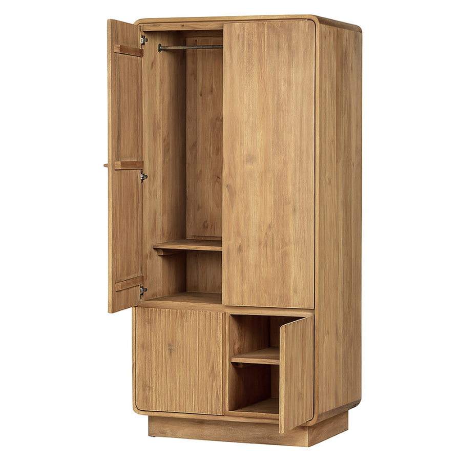 Modern, tömör teakfából készült, natúr színű kétszárnyú ruhásszekrény