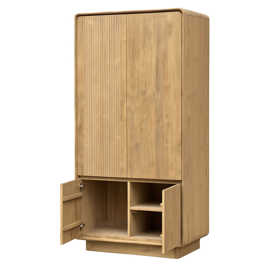 Modern, tömör teakfából készült, natúr színű kétszárnyú ruhásszekrény