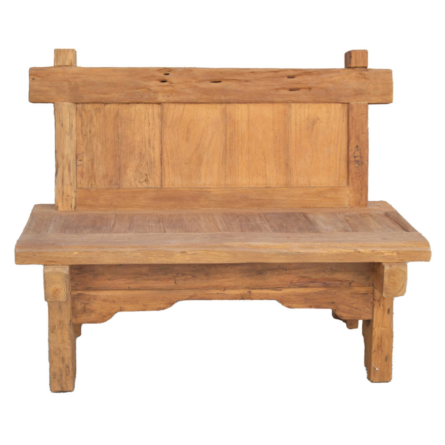 Törzsi ihletésű, vidéki stílusú, újrahasznosított teakfából készült, natúr színű pad.