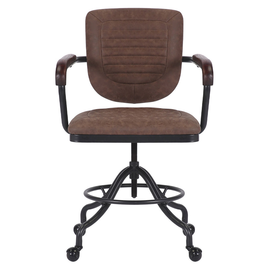 Loft stílusú, műbőr ülőkés és háttámlás irodaszék fa karfával.