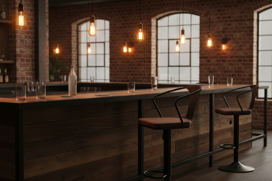 Loft stílusú, műbőr ülőkés, állítható magasságú bárszék műbőr háttámlával loft bárban.