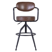 Loft stílusú, bőr ülőkés, állítható magasságú bárszék bőr háttámlával.