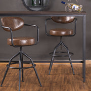 Loft stílusú, bőr ülőkés, állítható magasságú bárszék bőr háttámlával.