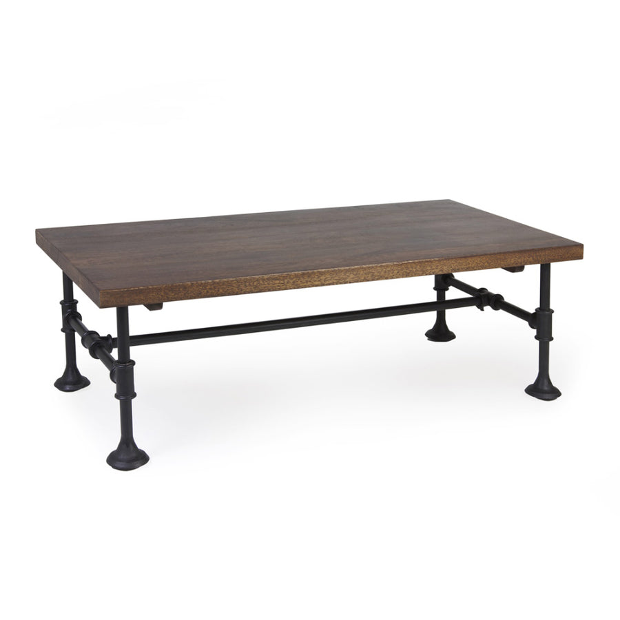 Ipari stílusú mangófa dohányzóasztal, fekete színű vas lábakkal.