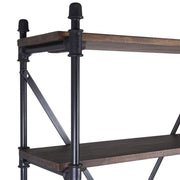 Industrial stílusú polcos állvány, fekete vas szerkezettel és öt darab mangófa polccal.