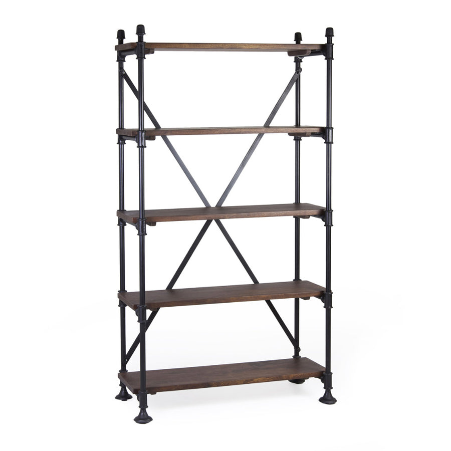 Industrial stílusú polcos állvány, fekete vas szerkezettel és öt darab mangófa polccal.
