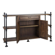 Industrial stílusú mangófa tálaló négy szabad polccal, egy fiókkal és ajtóval zárható polcos tárolóval.