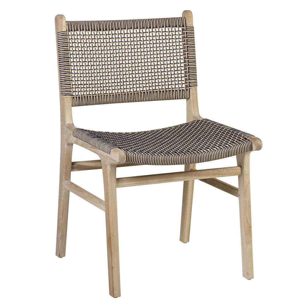 Kortárs stílusú, natúr színű teakfából készült szék, kétszínű kötélfonatos ülőfelülettel és háttámlával