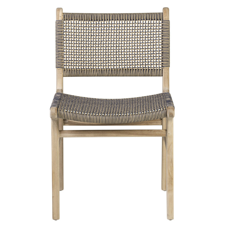 Kortárs stílusú, natúr színű teakfából készült szék, kétszínű kötélfonatos ülőfelülettel és háttámlával