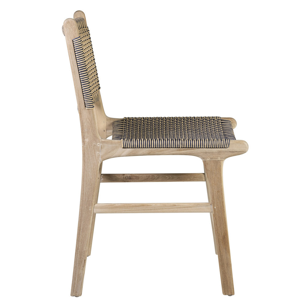 Kortárs stílusú, natúr színű teakfából készült szék, kétszínű kötélfonatos ülőfelülettel és háttámlával