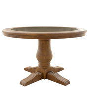 Koloniál stílusú, tölgyfából készült, kör formájú étkezőasztal rattan- és üvegbetéttel.