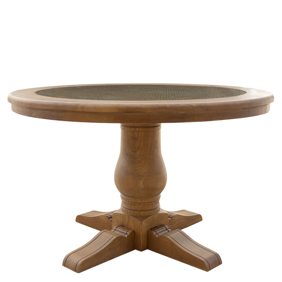 Koloniál stílusú, tölgyfából készült, kör formájú étkezőasztal rattan- és üvegbetéttel.