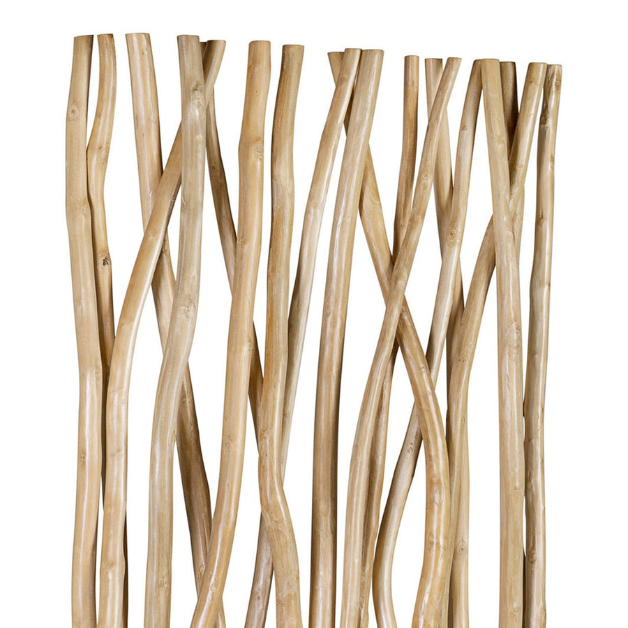 Törzsi ihletésű kortárs stílusú, natúr színű teakfa térelválasztó paraván.