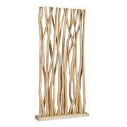 Törzsi ihletésű kortárs stílusú, natúr színű teakfa térelválasztó paraván.