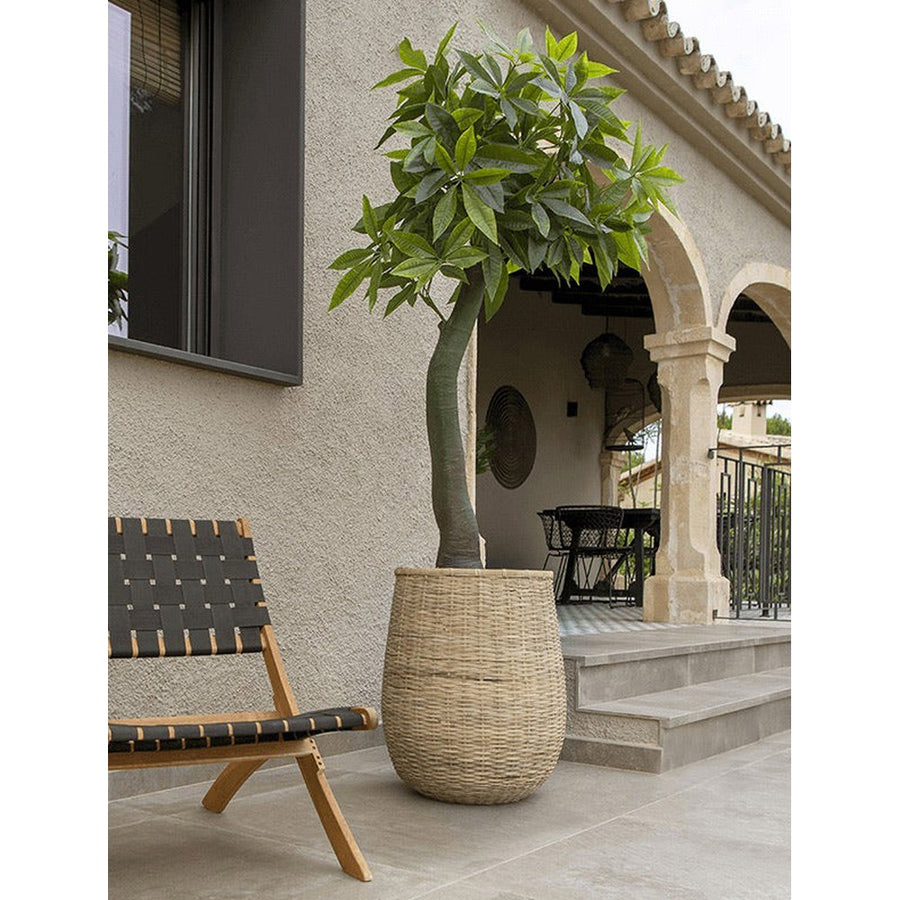 UV-álló, mű vadkakaó fa rattan díszkaspóban mediterrán udvaron.