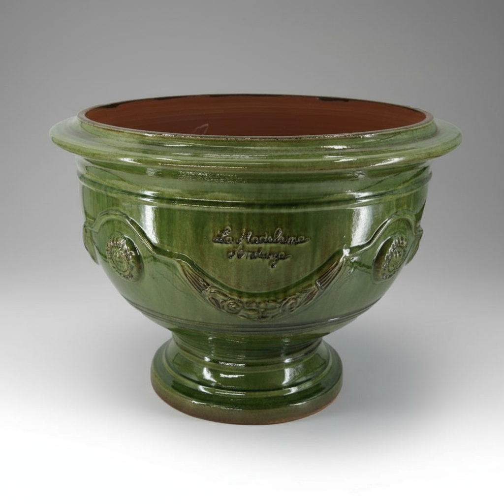 Óriás méretű, tradiconális mázas, zöld színű, anduze kerámia kaspótál